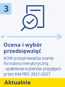 Numer 3 oraz ikona dokumentu z lupą i znakiem wyboru, pod spodem strzałka skierowana w prawo; tekst „Ocena i wybór przedsięwzięć. KOW przeprowadza ocenę formalno-merytoryczną. - spełnienie kryteriów przyjętych przez KM FEO 2021-2027.”