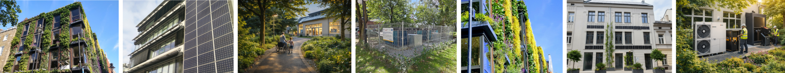 Zbiór zdjęć przedstawiający strefy zieleni, budynki po remoncie, zielone dachy, inwestycje w energooszczędność budynku