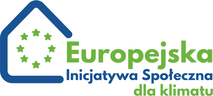 Europejska Inicjatywa Społeczna dla klimatu – logo projektu w niebieskich i zielonych kolorach: napis + symbol domku i koła z gwiazdek.